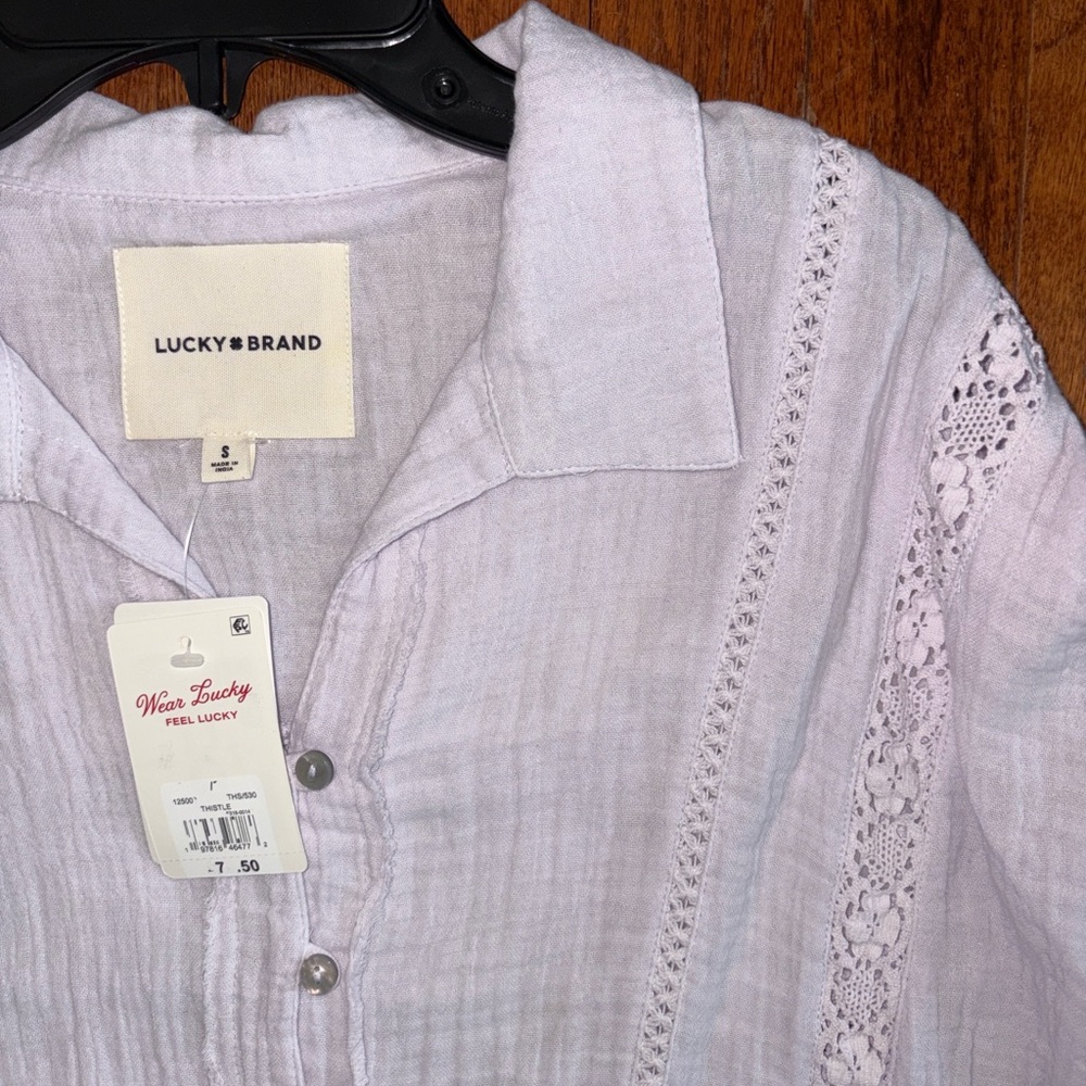 Lucky Brand Lavender Lace Inset Cotton Gauze Button Up Shirt Thistle Small NWT - Picture 9 of 9